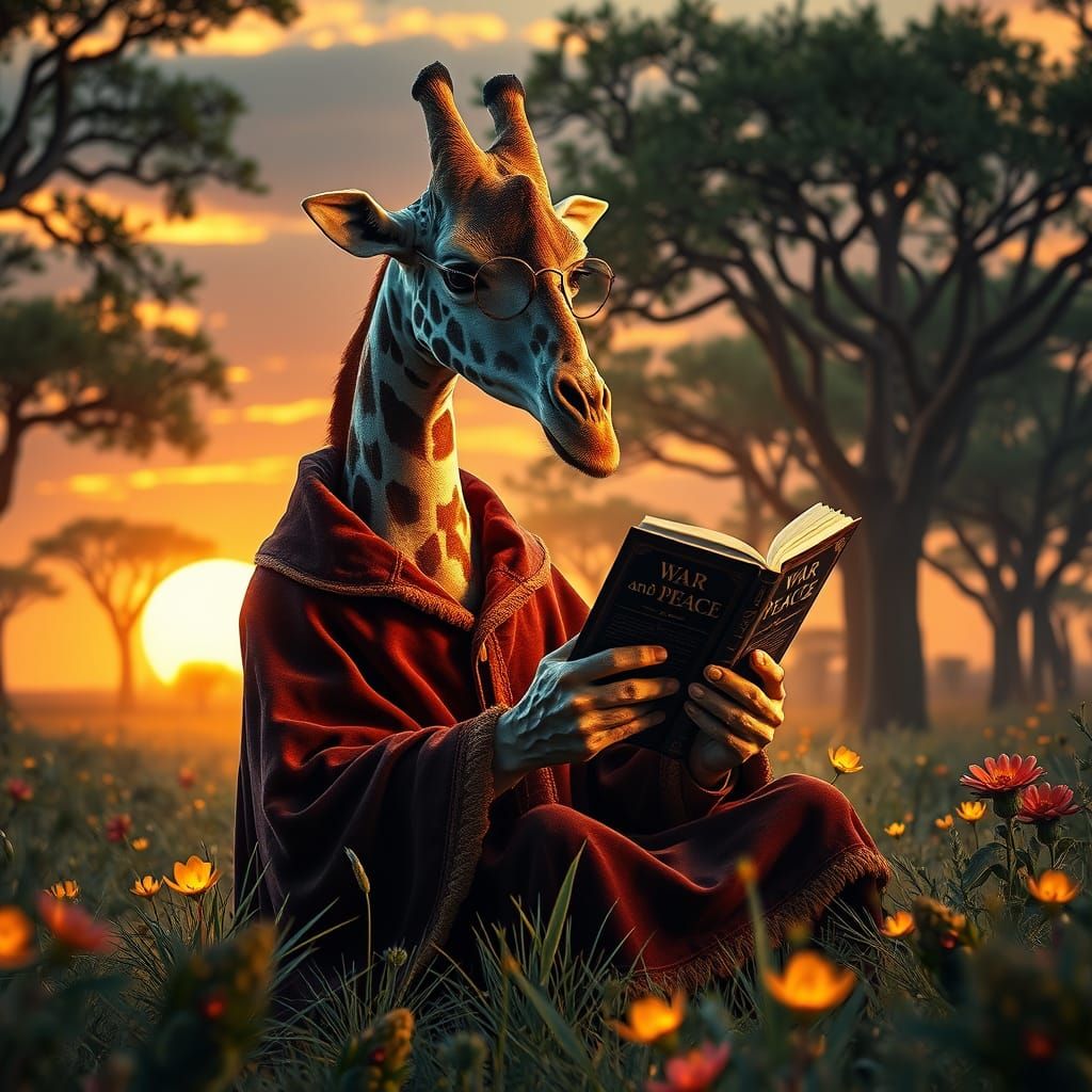 a giraffe reading war and peace