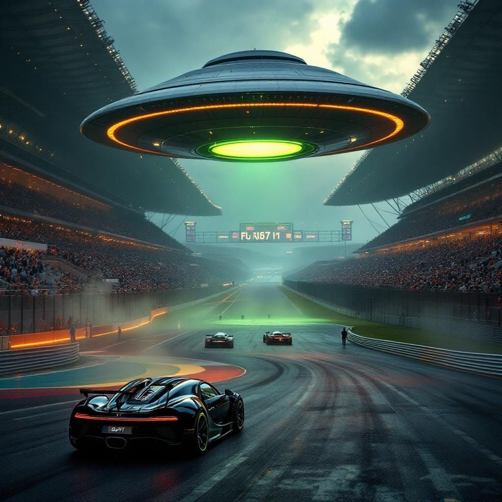 Bugatti Versus UFO: Hyper-Realistic Race Scene