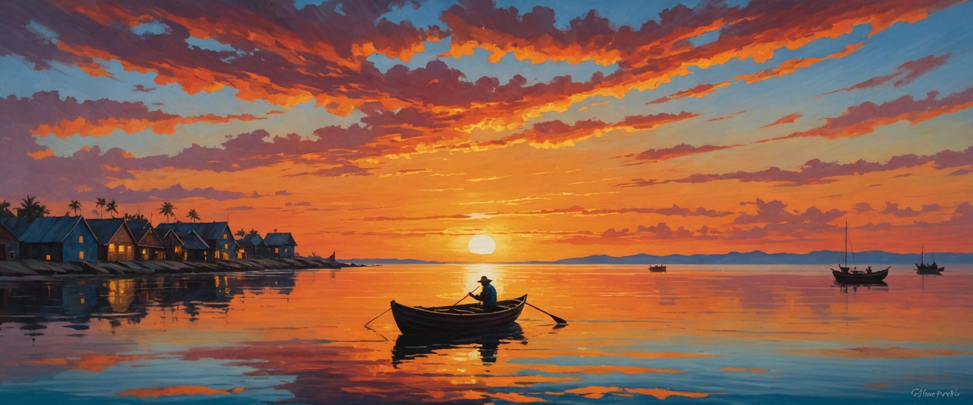 A solitary fisherman in a small wooden rowboat, silhouetted against a vibrant, fiery sunset over a calm, expansive ocean. The water reflects...