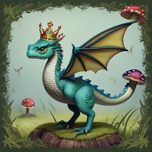 a tiny dragon, adorned with a crown, perched atop a large, v...