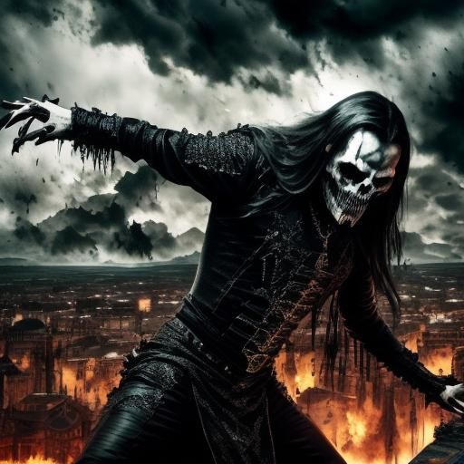 <lora:Black shapes:1.0> Terrifying metalhead man on a rooftop screaming, dark cinematic clouds, intricate clothing, intricate detailed reali...