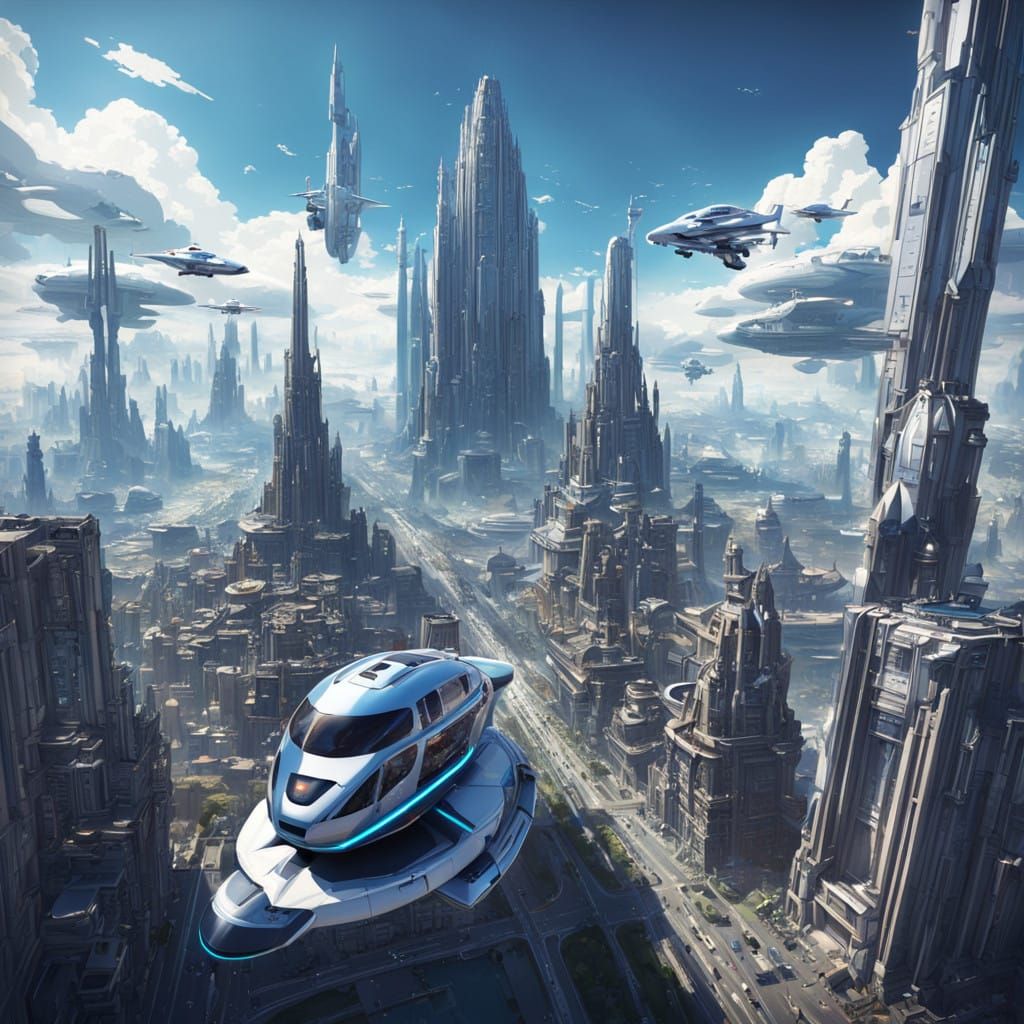 City floating above the clouds, with flying cars and people flying with rockets on their backs  by @AliMar