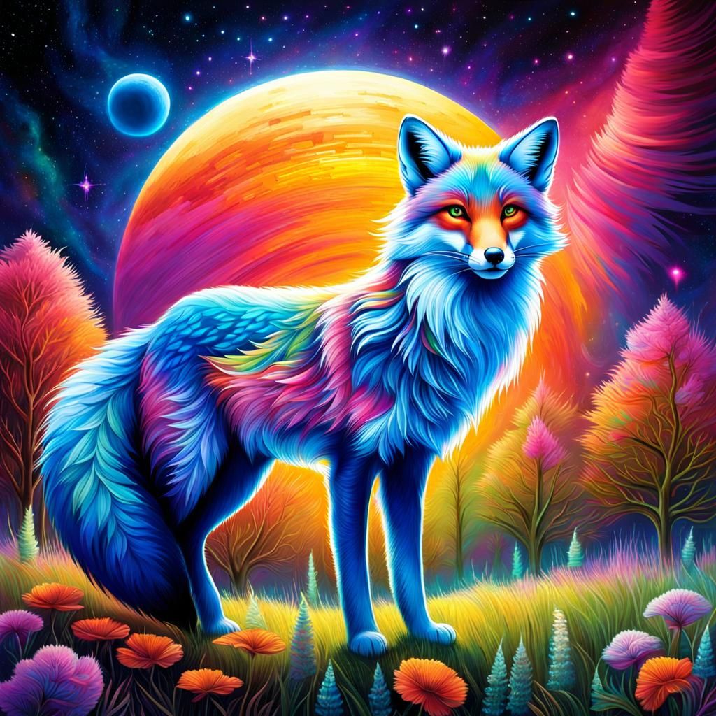 Lunar fox, prowling the ethereal meadows of a distant moon; its sleek ...