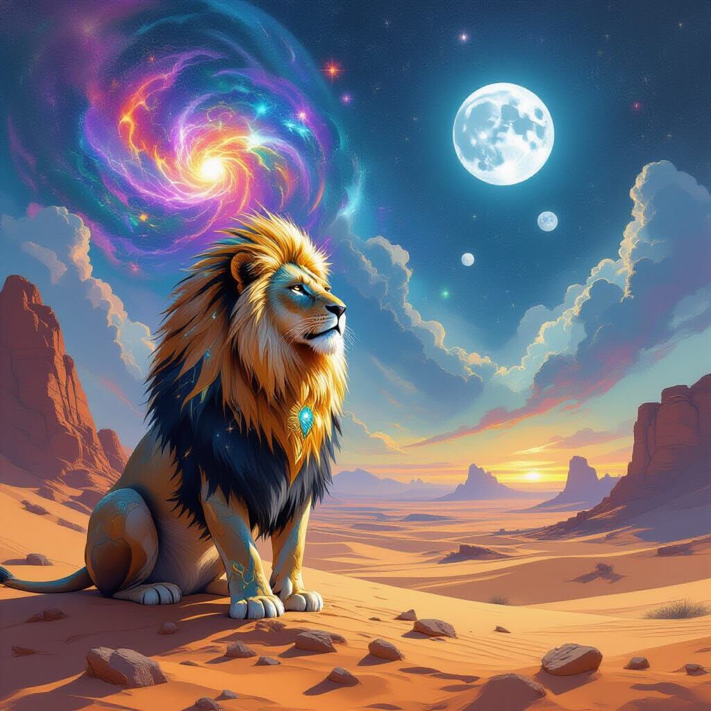 A majestic celestial lion, adorned with intricate, glowing celestial markings, stands guard before a colossal, ancient artifact humming with...