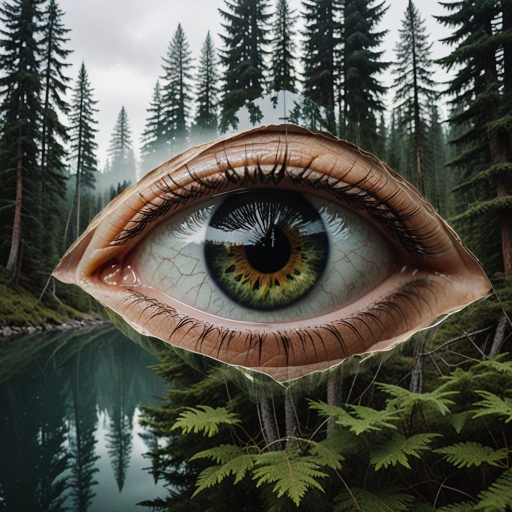 Double exposure photograph of a eye and wilderness, fused together, mesmerizing, realistic 