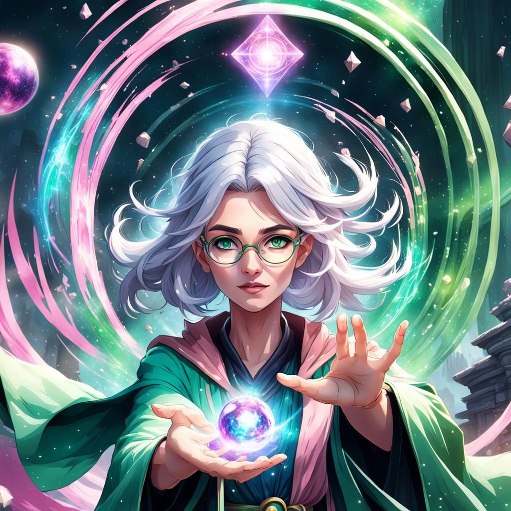 A young and pretty female wizard. She has silver hair, green...