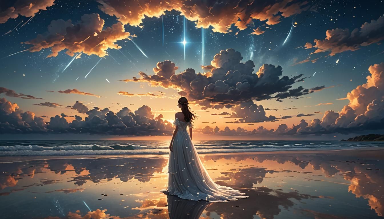 A visualization ultra wide angle of mystical sunset scene showing full of clouds starry night, there ...  by @ZHV