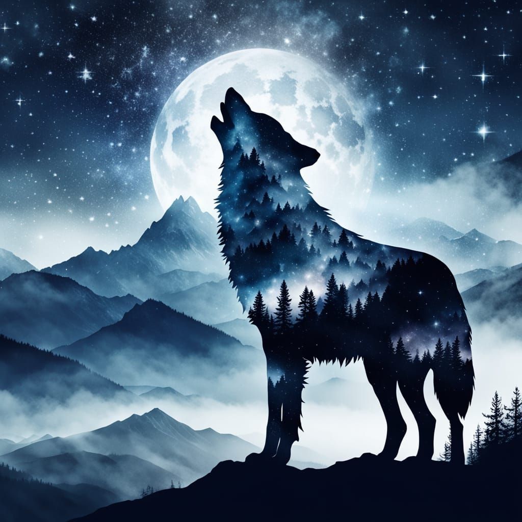 Moonlit Wolf Silhouette in Starry Night Sky