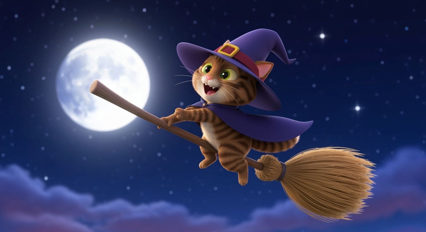 a tabby cat dressed as a witch, riding a broom in front of a quarter moon.