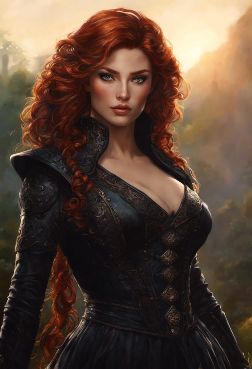 Hedge Witch, earth mage, finely detailed eyes, red hair, int...