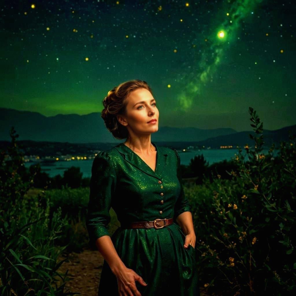 Charming Lady in Starry Night Landscape