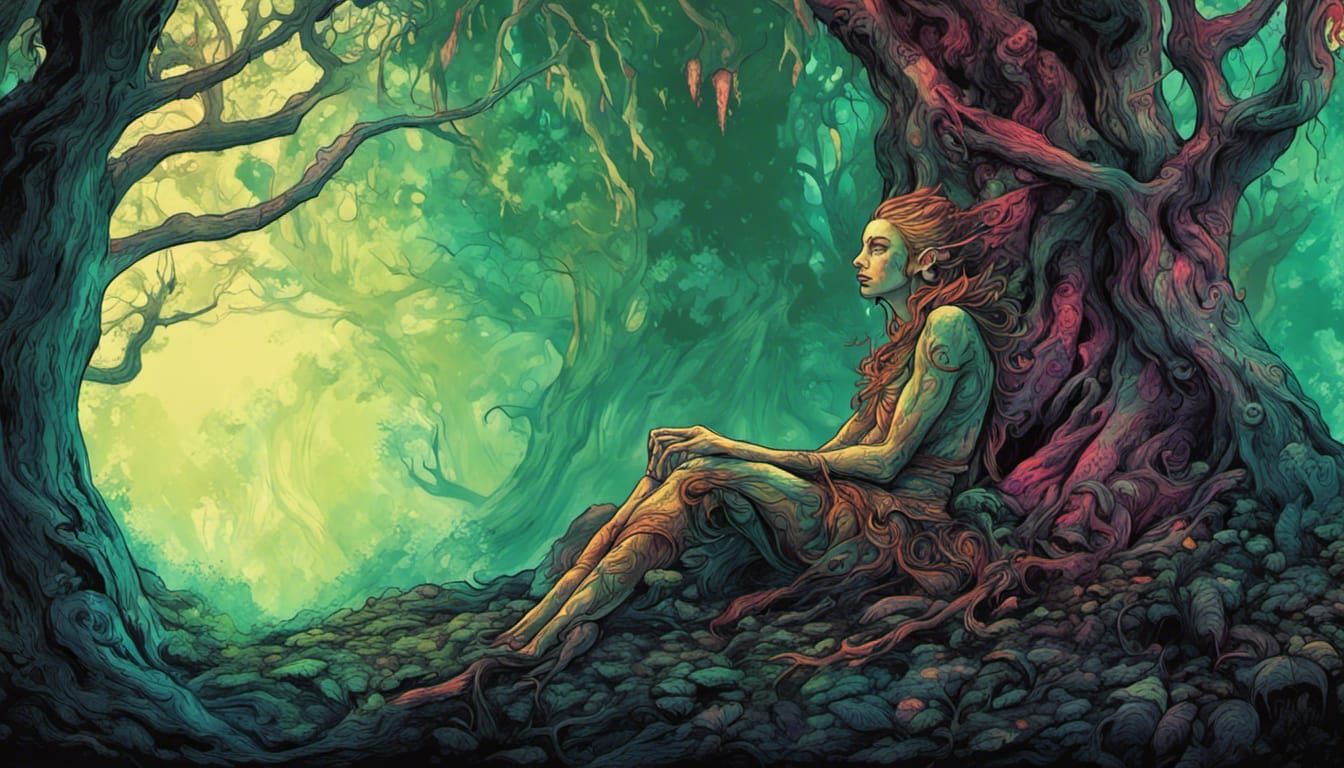 psychedelic forest elf resting an old dark fantasy forest, high contrast vivid color, wide profile view, panoramic, fabl...