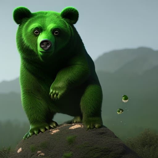 The body of a green bear with 3 eyes, the head of a frog. 