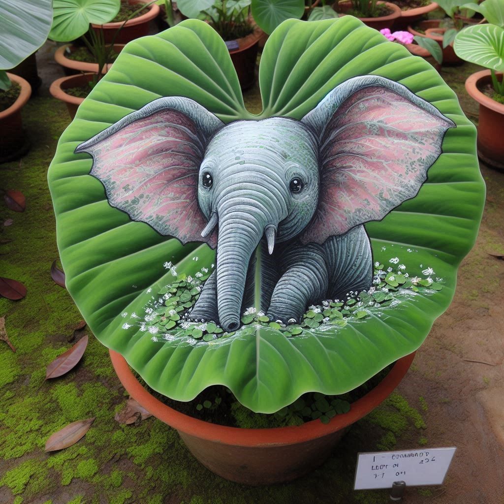 Elephant on an elephant ear plant