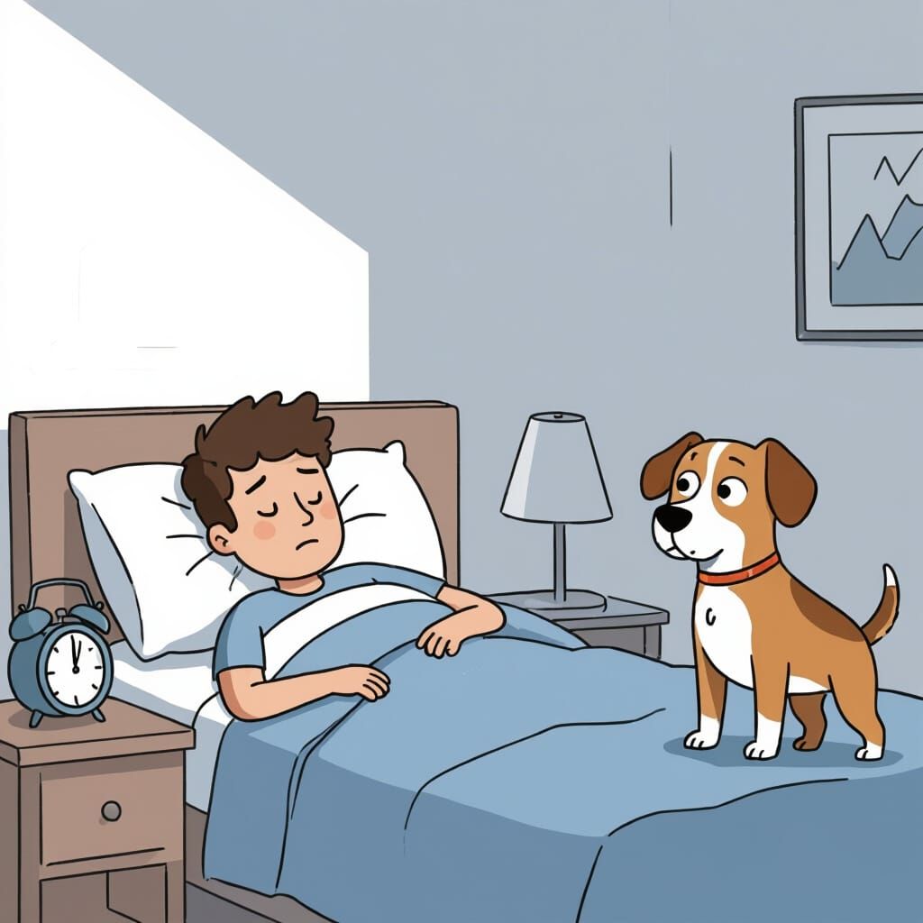 minimalist comic style, simple clean line art, consistent characters, same designs, flat colors, white background.
Scene: the dog jumps onto...