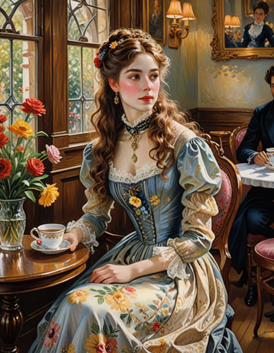 A beautiful young Victorian woman in a cafe  by @Troxley