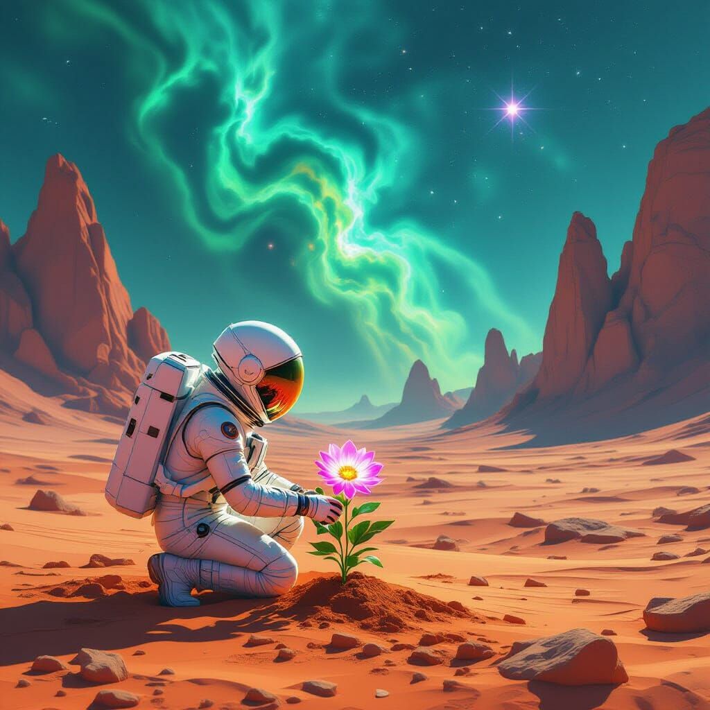 A lone astronaut planting a vibrant, bioluminescent flower on a desolate, ochre-colored desert planet. ...  by @Noms de Plume