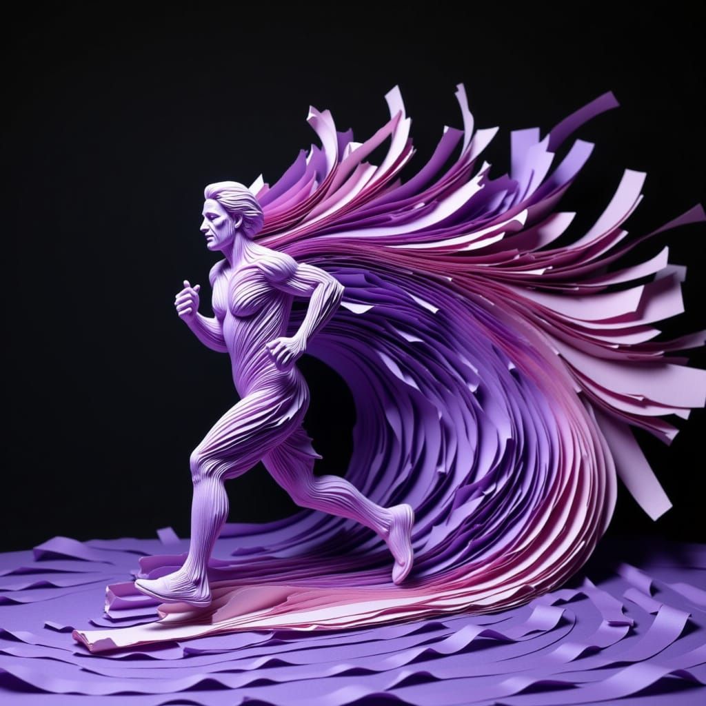 <lora:layers:1.0> running man leaving a slow motion trail behind him, composed of layers of peeling paper strips. Gradual transition of shad...