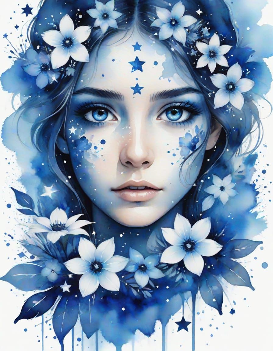 Sparkling sapphire eyes surrounded by sparkling blue stars and flowers  by @AmadaTakako773