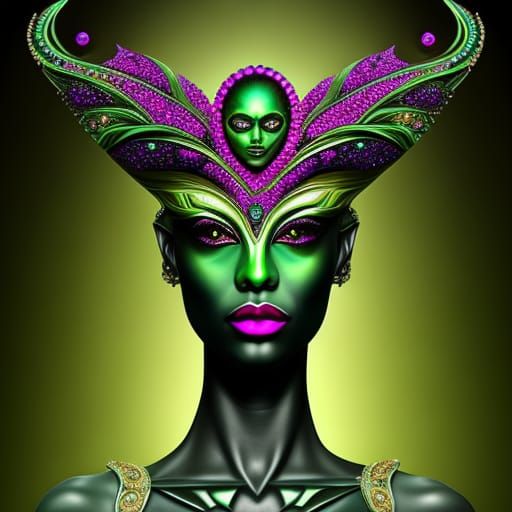 Full Body Noir painting of a beautiful Green skinned Alien W...