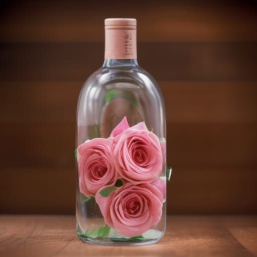 a clear bottle filled with pink roses, corked tightly to preserve ...