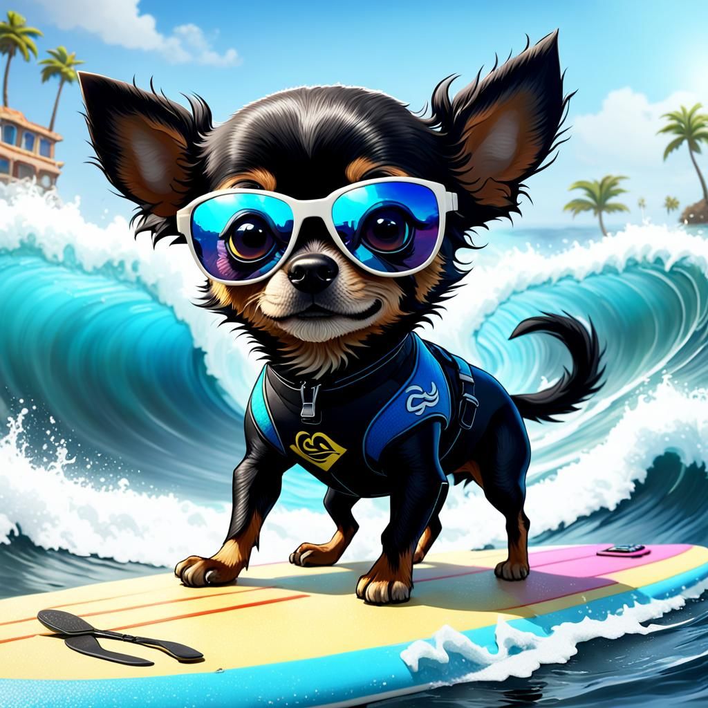 a cute little black chihuhahua with sunglasses and wetsuit o...