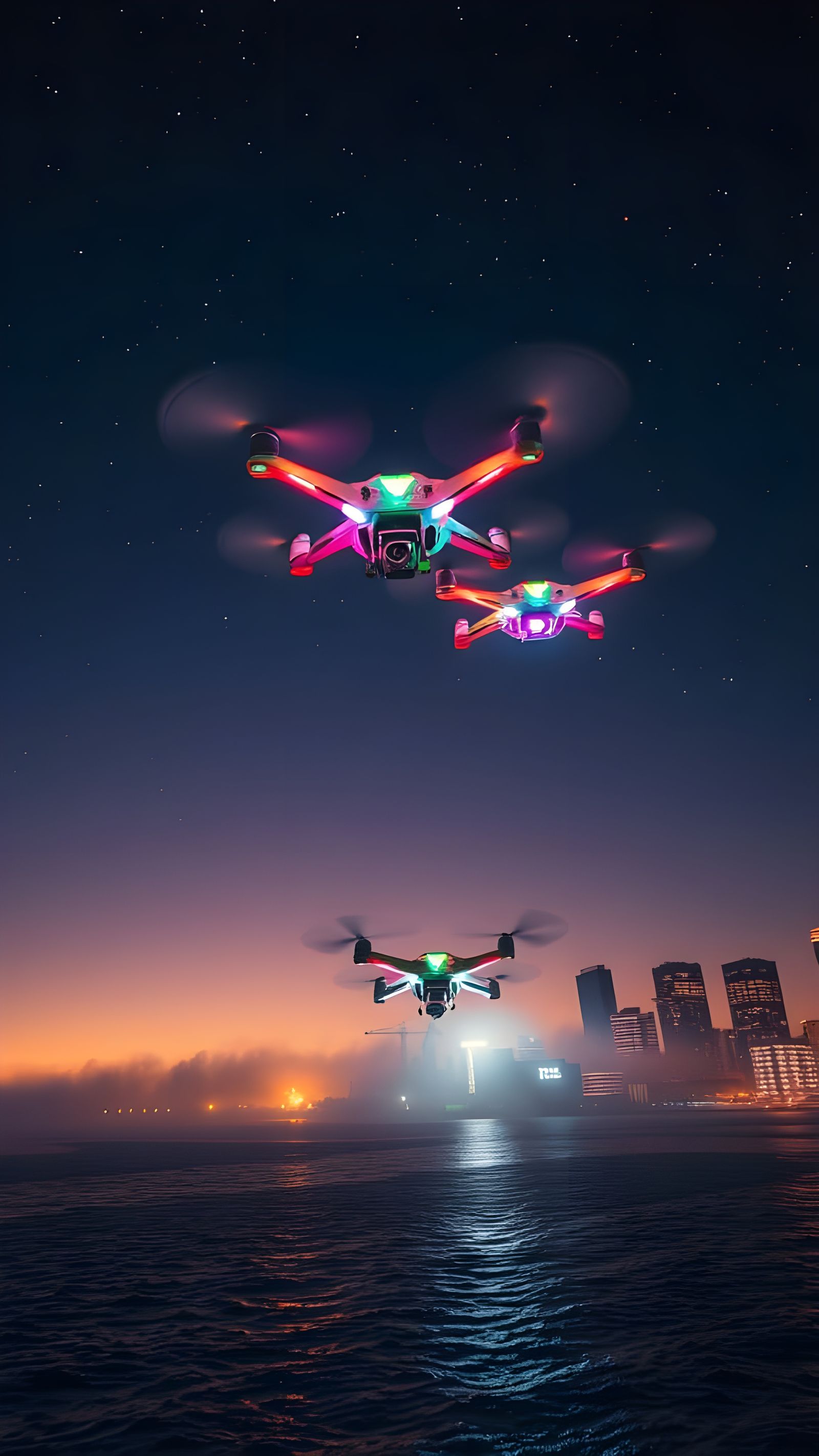 Stellar Drones Dance above Newark Bay at Twilight