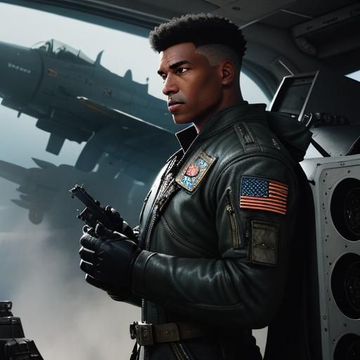 A digital art image of a dieselpunk black male fighter pilot with a beautiful white female fighter pilot