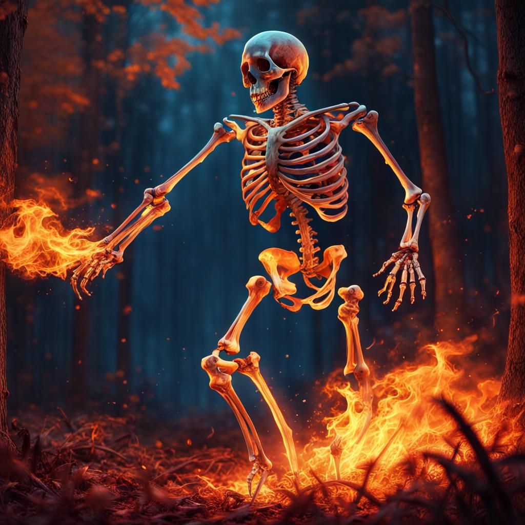 Skeleton on fire in the woods at night time