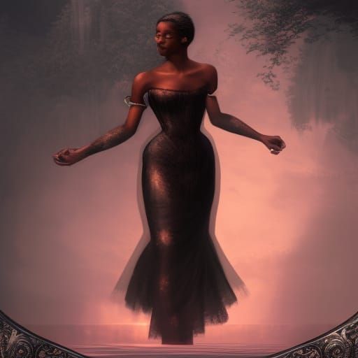 Black beautiful female in a black dress at night in the Vict...