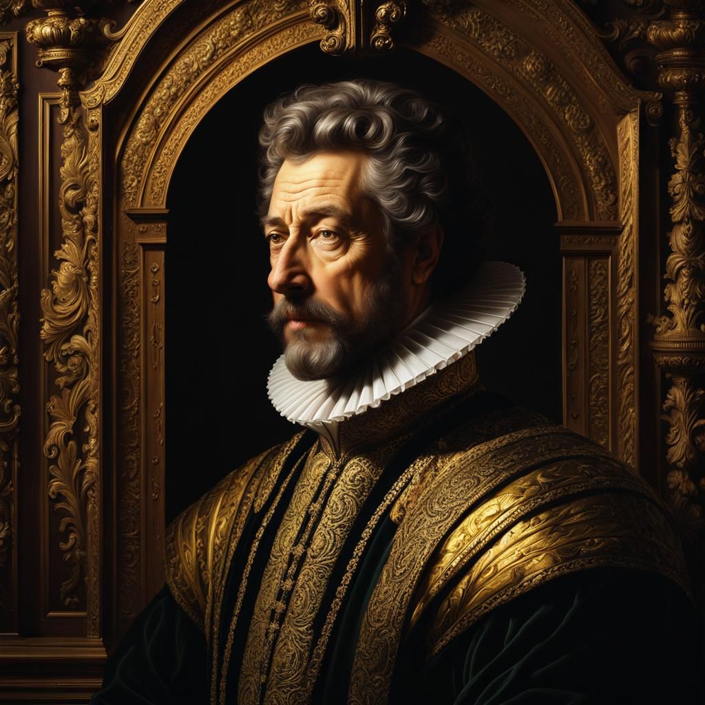 17th century masterpiece portrait of a regal English King, head and shoulders portrait, 8k resolution concept art portrait by Greg Rutkowski...
