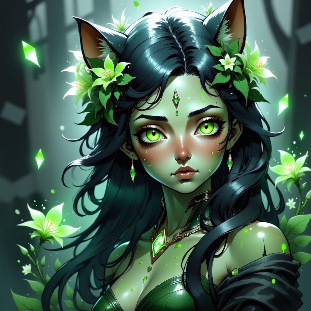 <lora:EtherealInkArchiveFx:1.0>, cat girl, anthropomorphic cat girl, lush flora, green glowing flower eyes, long hair, detailed head and sho...