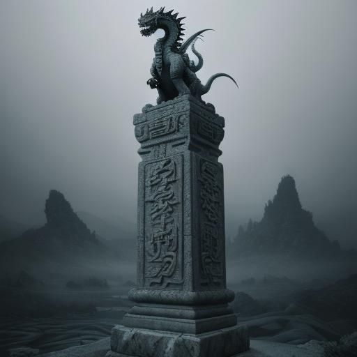 Surreal Stone Dragon Pillar in Hyperrealistic Style