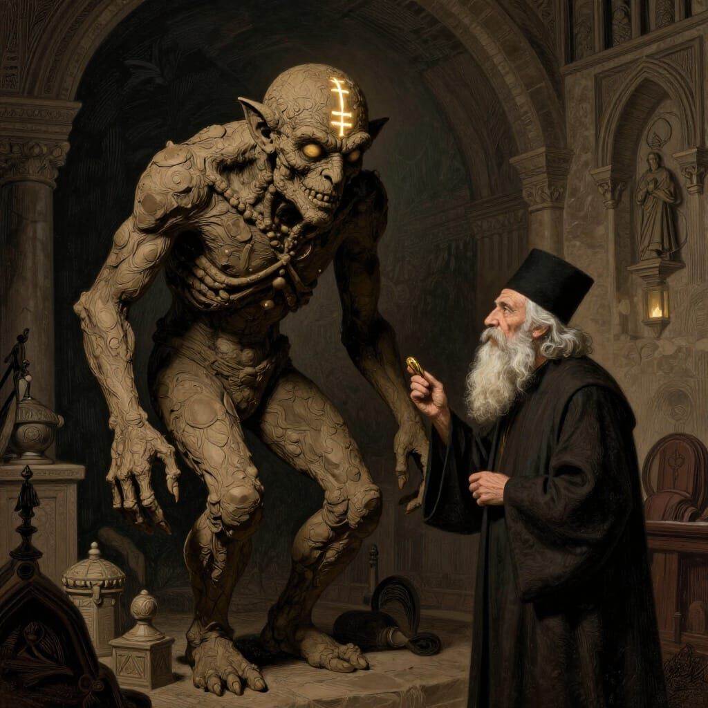 Golem and Rabbi of Prague in Dark Illustrative Style