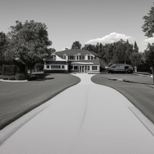 An illustration of a family photo taken on a suburban street in the style of Ansel Adams.