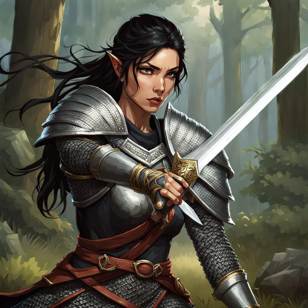Female half elf fighter with black hair wearing chainmail ar...