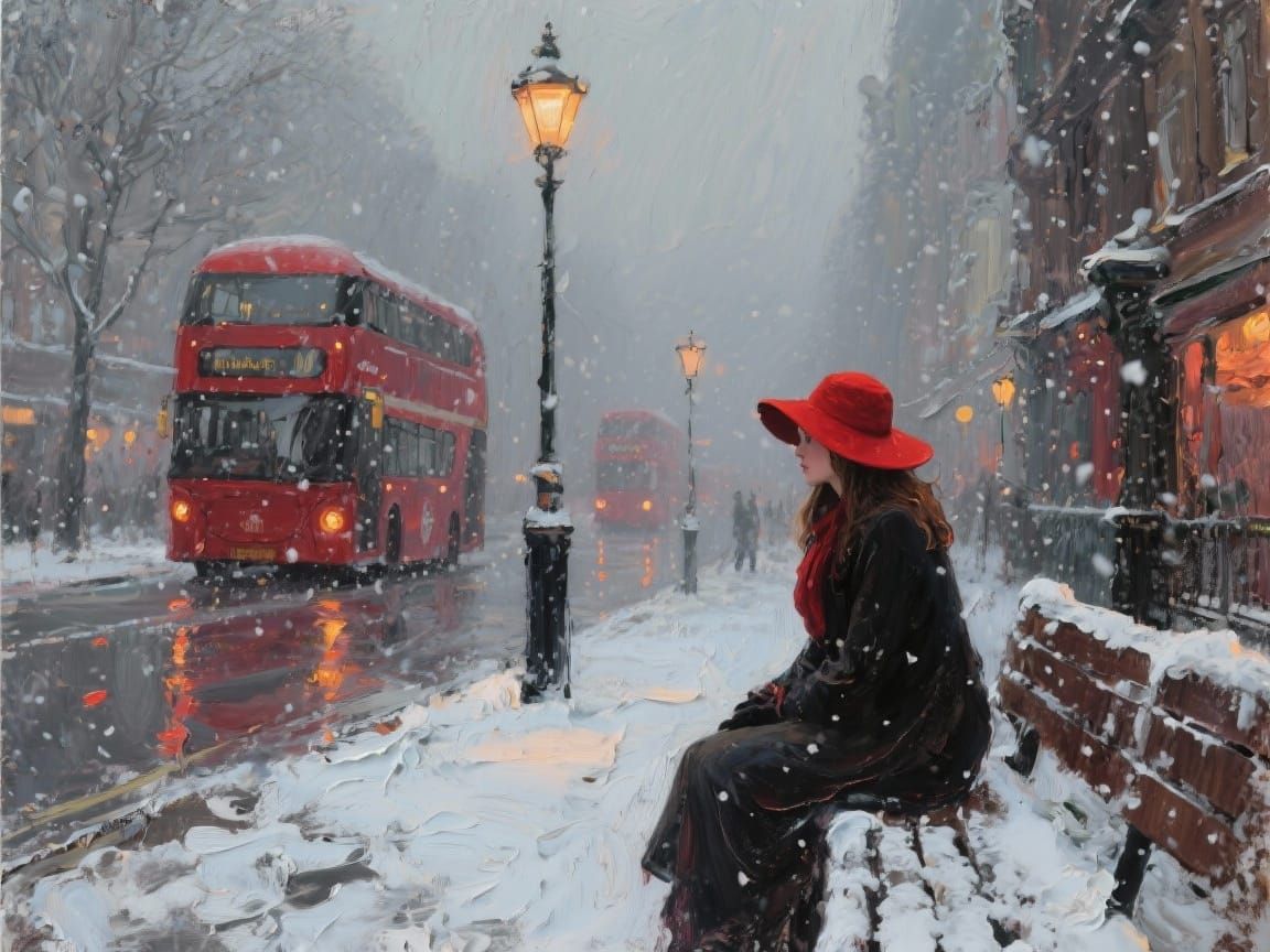 A heavy impasto oil painting, textured with visible palette knife strokes, captures a melancholic winter scene. A solitary woman in a vibran...