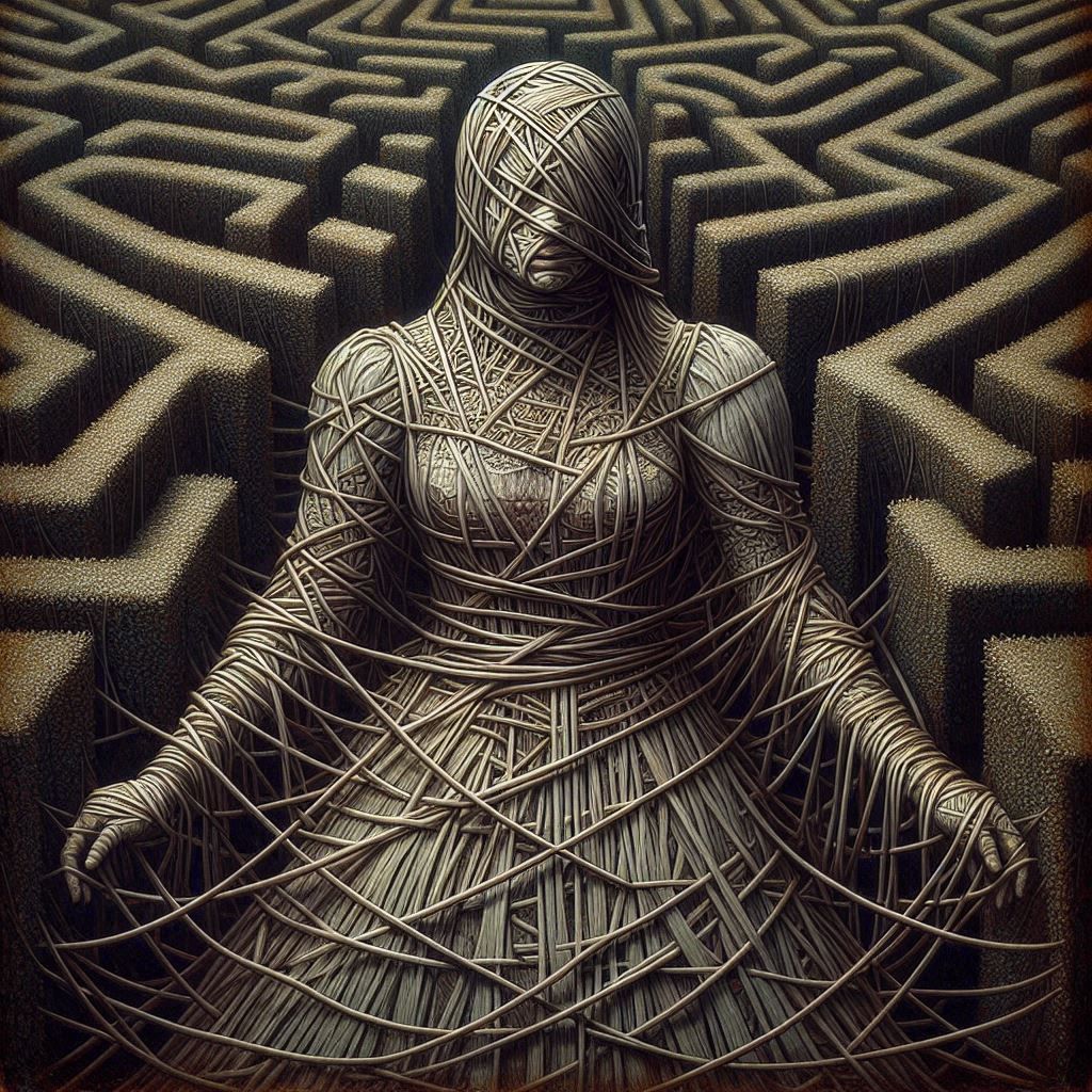 A surreal image of a woman constructed from strings in a hedge maze. The artwork features muted colors and distorted for...