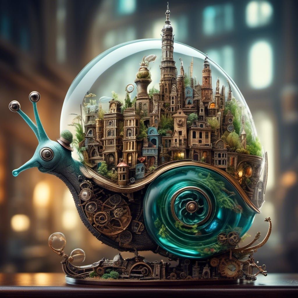 <lora:Gullyism v2:1.0>  Steampunk glass snail carrying a miniature city aquarium on its insides, ultradetailed metropolis on the inside of a...