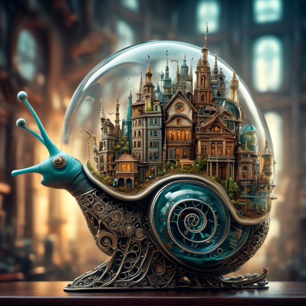 <lora:Gullyism v2:1.0>  Steampunk glass snail carrying a miniature city aquarium on its insides, ultradetailed metropolis on the inside of a...