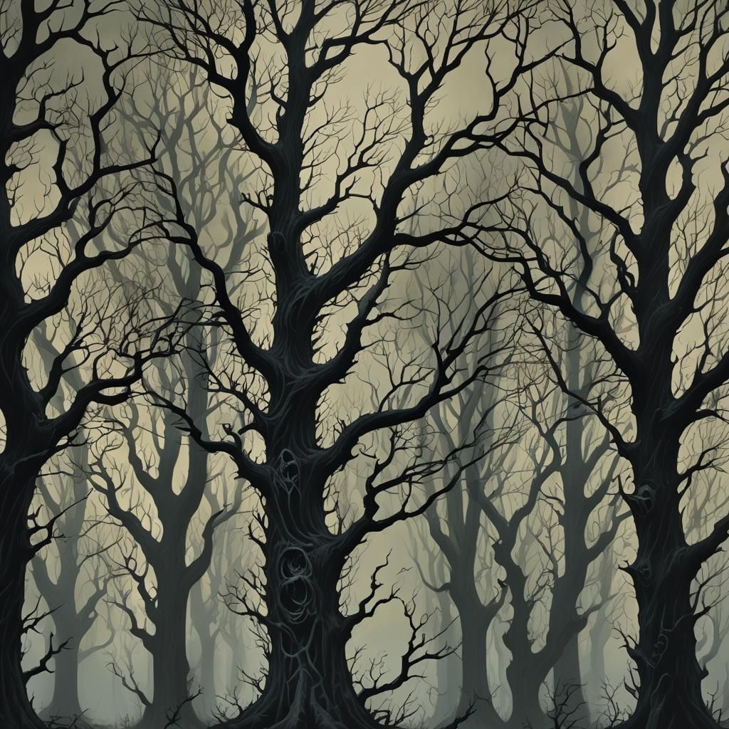 Illustrate a spectral forest cloaked in perpetual twilight, ...