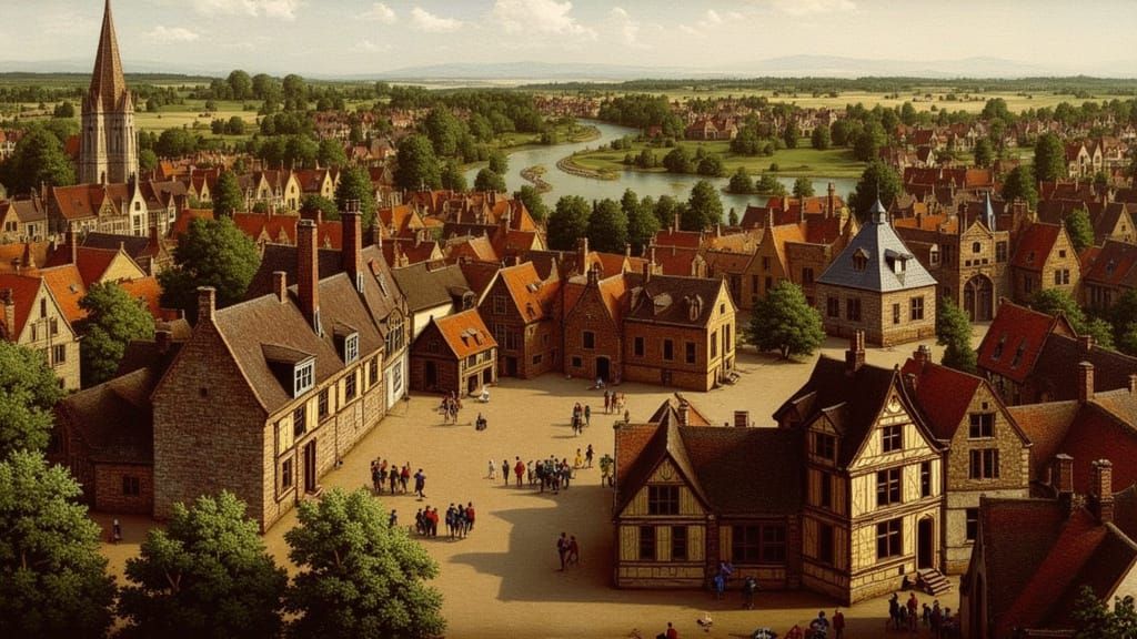 Stratford-upon-Avon in 1599 from a bird's view