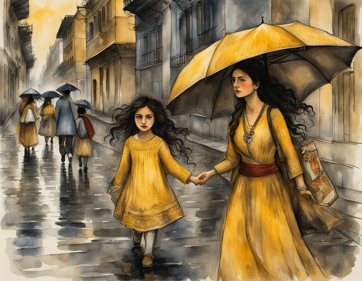 Mexican woman walking in the rain #1
