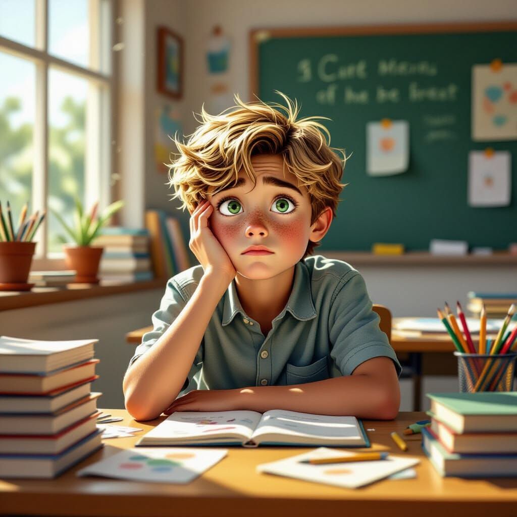 Overwhelmed Boy Studying Amidst School Chaos