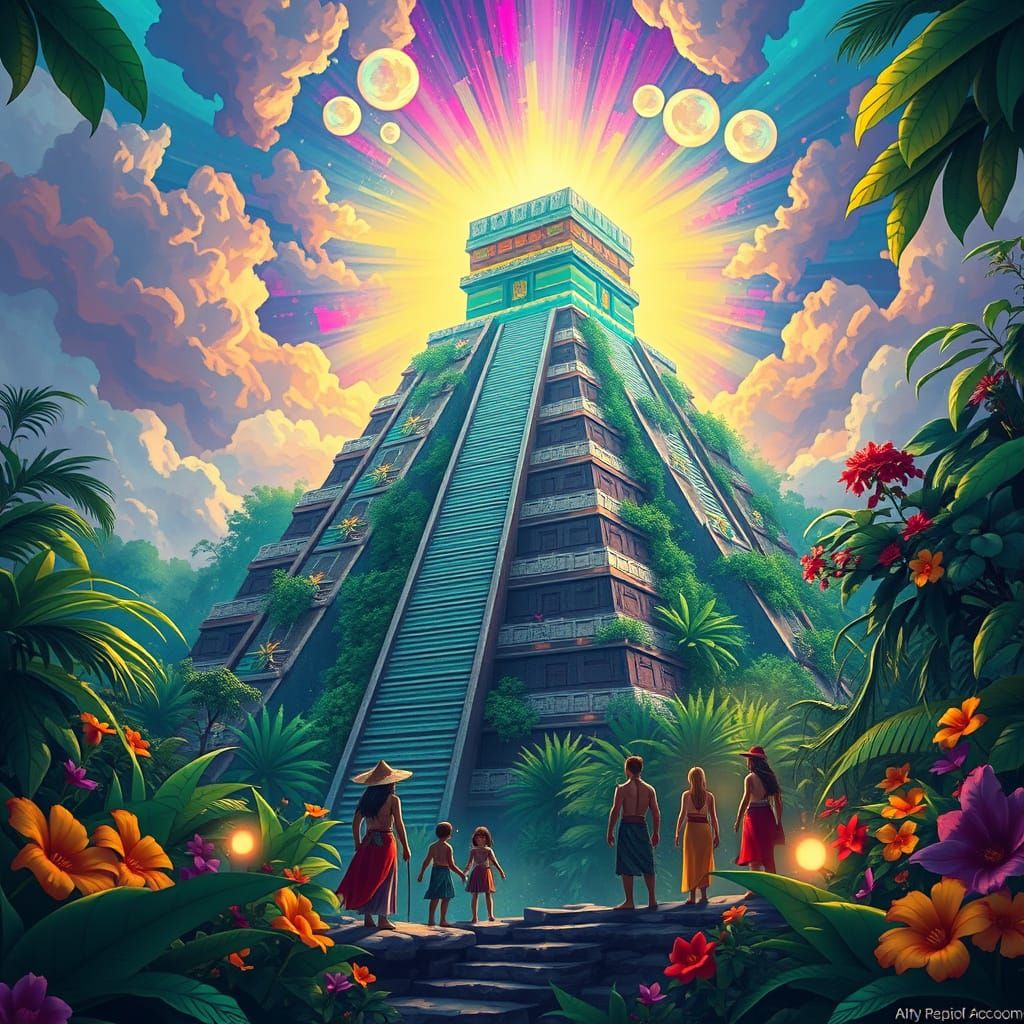 Ancient Mesoamerican Pyramid Radiates Ethereal Aur... - AI Art
