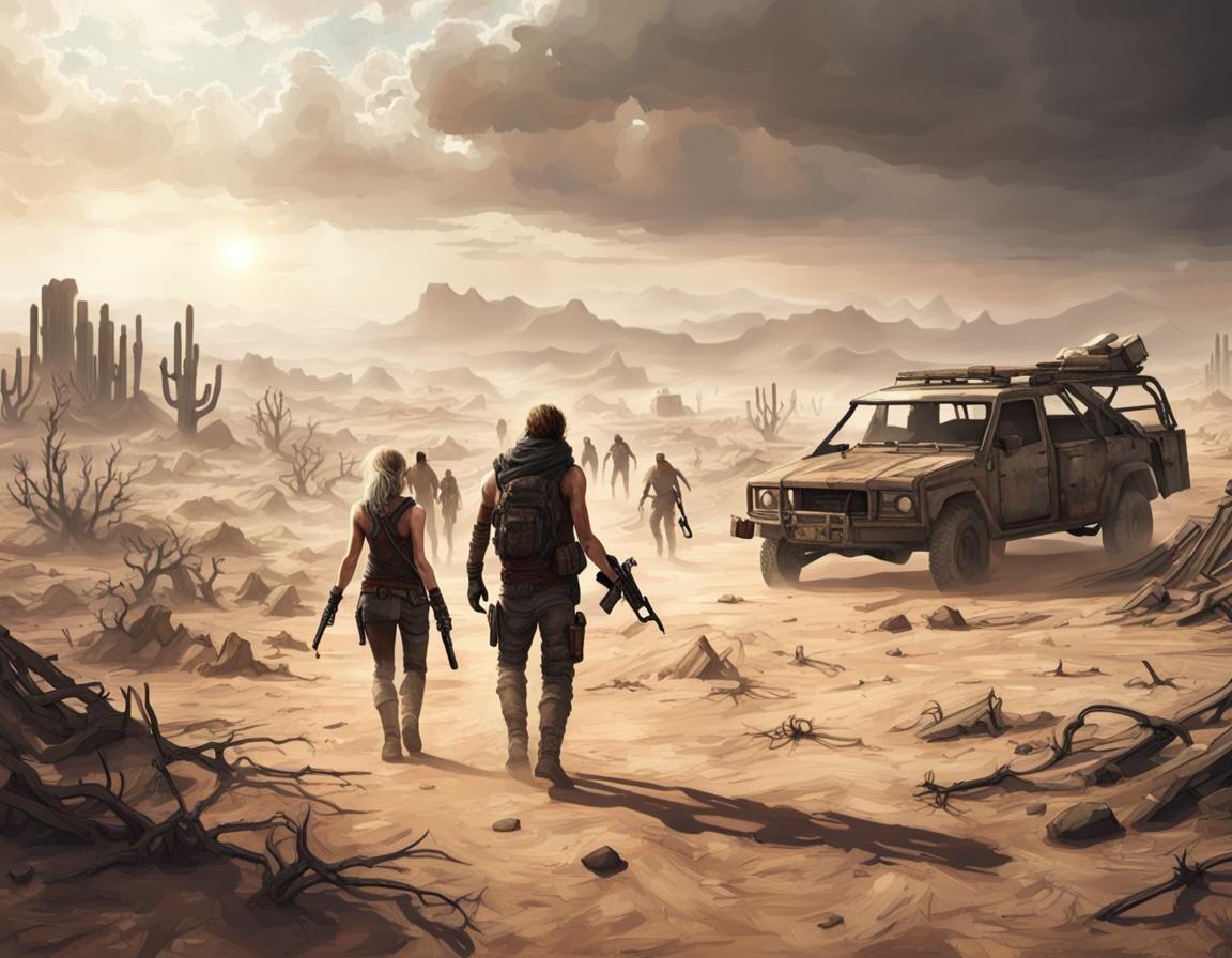 A Post-Apocalyptic Desert Wasteland with People Fighting to Survive the Harsh Environment. 