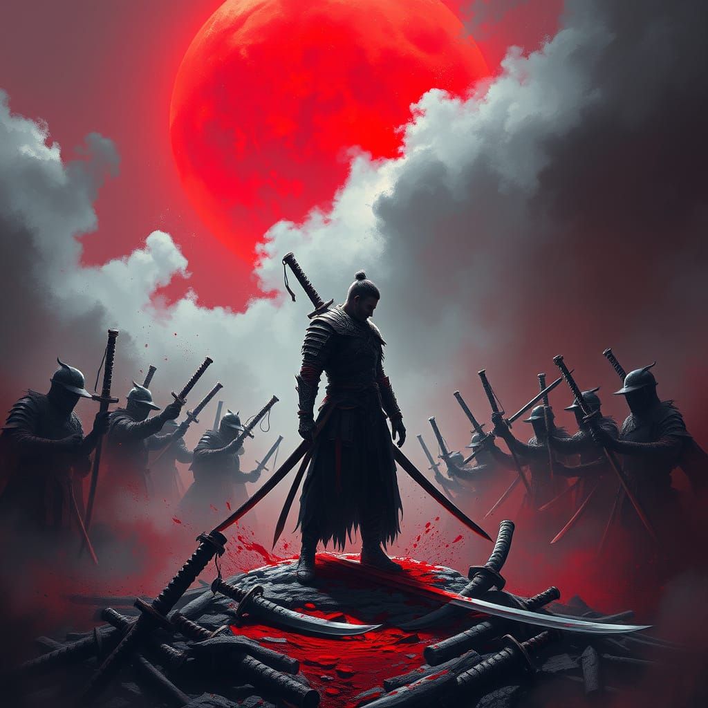A lone ronin warrior standing on a blood-soaked battlefield, surrounded by ancient cursed swords, massive red eclipse in the sky, cursed mis...