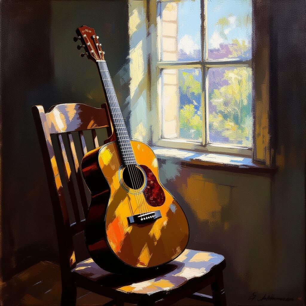 Impressionist Guitar Painting in Soft Sunlight