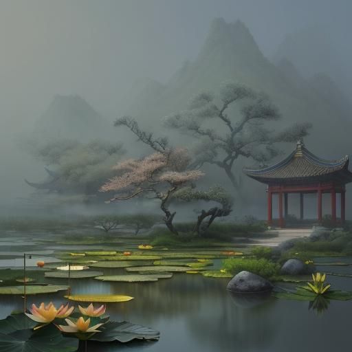 Chinese Warrior with Lotus Scripture in Ink Wash