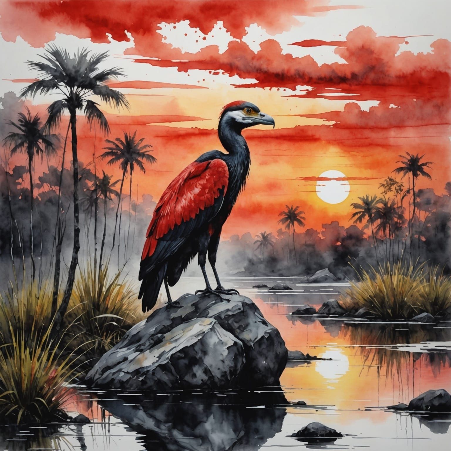 "Painting of an animal standing on a rock, a watercolor painting, modern European ink painting, located ...  by @GRAZYNA-BARBARA